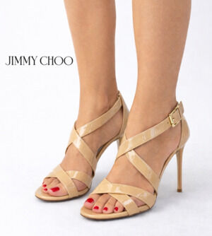 Jimmy Choo Patent Leather Sexy Strappy Heels Size 38.5 NUDE W BOX+DUSTBAG